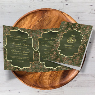 Invitation Vert olive rustique doré damasque mariage musulman