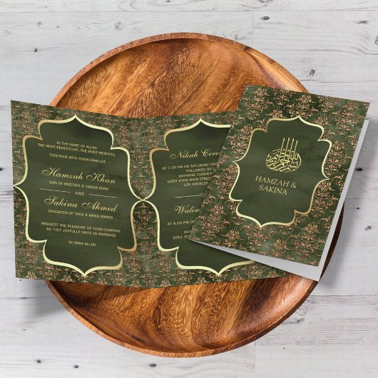 Invitation Vert olive rustique doré damasque mariage musulman