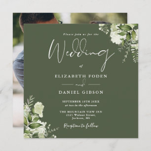 Invitation Vert olive vert verdure Floral Carré photo Mariage