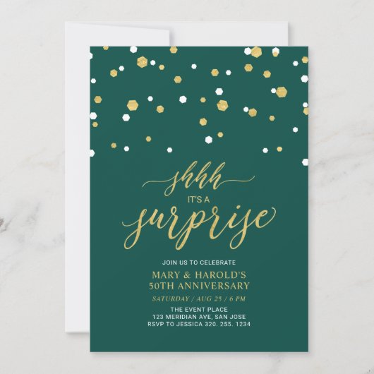 Invitation Vert & Or | 50e anniversaire de mariage surprise (Devant)