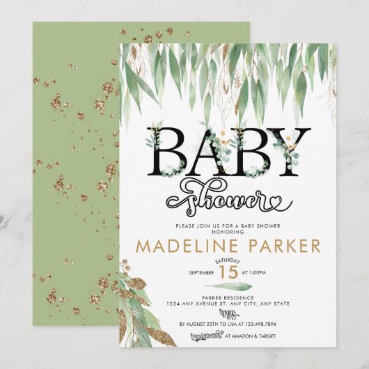 Invitation Vert & Or | Baby shower non sexiste (Devant / Derrière)