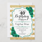 Invitation Vert or blanc rayures florales 40e anniversaire (Devant)