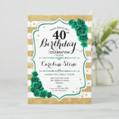 Invitation Vert or blanc rayures florales 40e anniversaire (Debout devant)