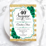 Invitation Vert or blanc Surprise 40e anniversaire<br><div class="desc">Invitation surprise 40e anniversaire de fête. Design vert émeraude féminin avec parties scintillant d'or faux. Avec des rayures blanches et dorées, des roses, des caractères de script et des confettis. Parfait pour une célébration anniversaire féminine élégante. Peut être personnalisé pour montrer n'importe quel âge. Invitations Zazzle imprimées ou téléchargement instantané...</div>