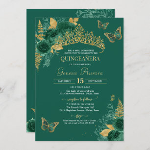 Invitation Vert & Or Emerald Floral Butterfly Quinceañera