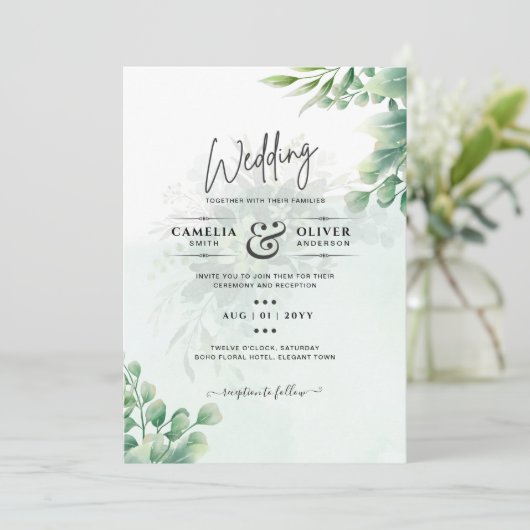 Invitation Vert Or Eucalyptus MARIAGE QR CODE Moderne (Debout devant)