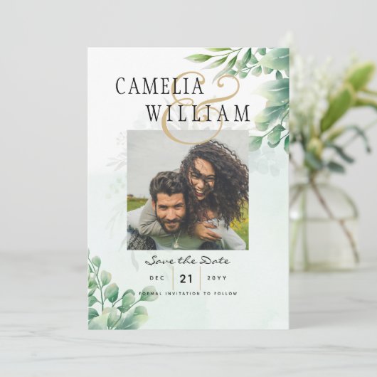 Invitation Vert Or Eucalyptus MARIAGE QR CODE Moderne (Debout devant)