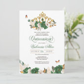 Invitation Vert & Or Floral Tiara Butterfly Quinceañera (Debout devant)