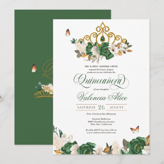 Invitation Vert & Or Floral Tiara Butterfly Quinceañera (Devant / Derrière)