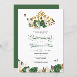 Invitation Vert & Or Floral Tiara Butterfly Quinceañera