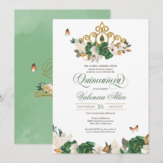 Invitation Vert & Or Floral Tiara Butterfly Quinceañera (Devant / Derrière)