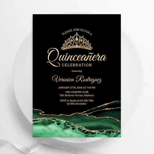 Invitation Vert or noir Agate marbre Quinceanera