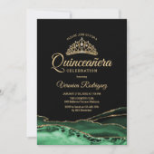 Invitation Vert or noir Agate marbre Quinceanera (Devant)
