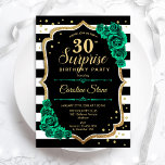Invitation Vert or noir blanc Surprise 30e anniversaire<br><div class="desc">Invitation de fête du 30e anniversaire surprise. Design noir féminin, blanc et vert émeraude avec fausse parties scintillant or. Comprend des rayures en noir et blanc, des roses, des caractères de script et des confettis. Parfait pour une célébration anniversaire féminine élégante. Peut être personnalisé pour montrer n'importe quel âge. Invitations...</div>