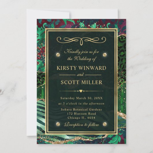 Invitation Vert Or Pailleté Agate Jungle Mariage (Devant)