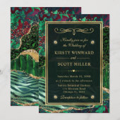 Invitation Vert Or Pailleté Agate Jungle Mariage (Devant / Derrière)