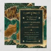 Invitation Vert Or Pailleté Jungle Agate Mariage (Devant / Derrière)
