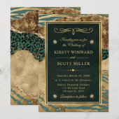 Invitation Vert Or Pailleté Mariage Agate Jungle (Devant / Derrière)