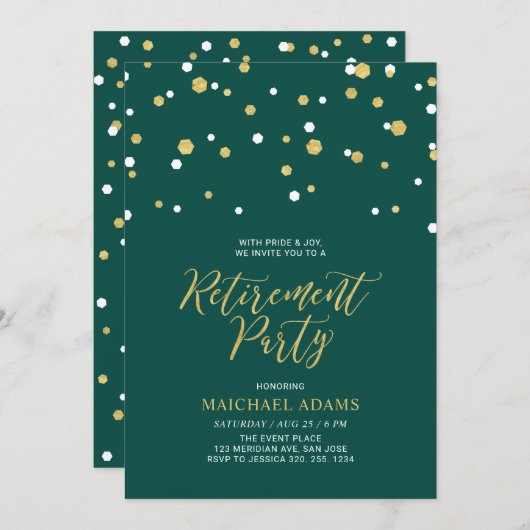 Invitation Vert & Or | Parti de retraite Hexagon Confetti (Devant / Derrière)