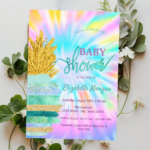 Invitation Vert Pailleté Fête de Naissance Tye-Dye Ananas