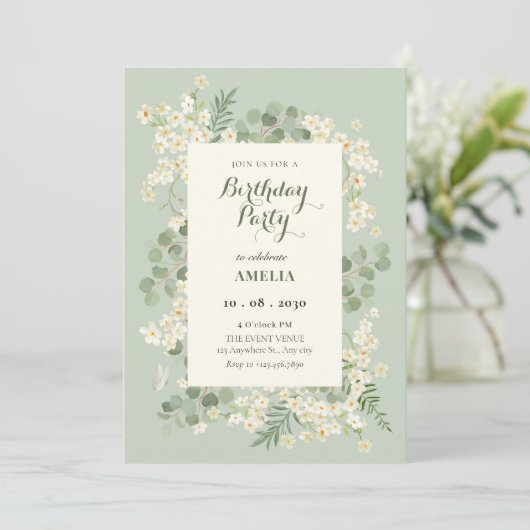 Invitation Vert pastel floral  (Debout devant)