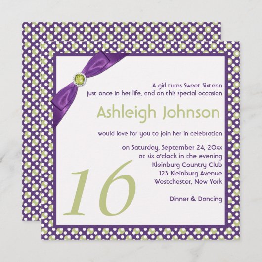 Invitation Vert, pourpre et blanc Polka Dot Sweet 16 (Devant / Derrière)
