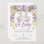 Invitation Vert pourpre joli éléphant oh baby shower (Devant / Derrière)