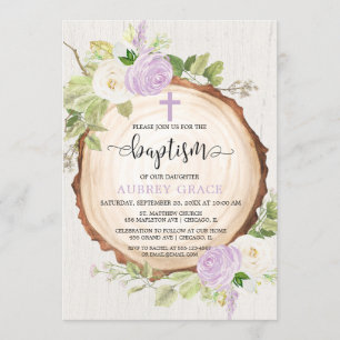 Invitation Vert pourpre rustique fille baptême bois