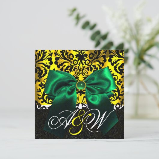 INVITATION VERT RIBBON OR JAUNE BLACK DAMASK MONOGRAM (Debout devant)