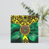 INVITATION VERT RIBBON OR JAUNE BLACK DAMASK MONOGRAM (Debout devant)