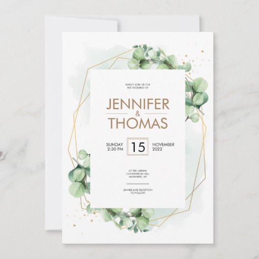 Invitation Vert romantique eucalyptus feuille d'or mariage (Devant)