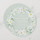 Invitation Vert rond + Graine florale blanche Brunch de Pâque (Devant / Derrière)