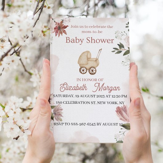 Invitation Vert rose avec fleurs Baby shower de jardin