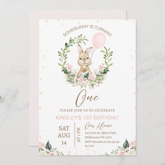 Invitation Vert Rose Certains Lapins Tournent Un 1Er Annivers (Devant / Derrière)