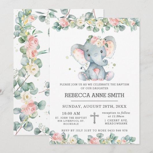Invitation Vert rose Floral Eléphant Baptême Christening (Devant / Derrière)