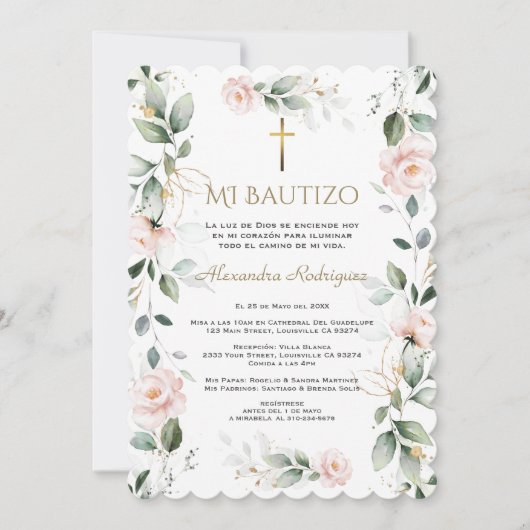 Invitation Vert rose Floral espagnol Mi Bautizo Baptism (Devant)