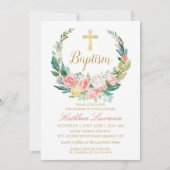 Invitation Vert rose Floral Wreath Girl Baptism (Devant)
