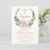 Invitation Vert rose Floral Wreath Girl Baptism (Debout devant)