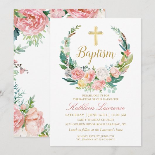 Invitation Vert rose Floral Wreath Girl Baptism (Devant / Derrière)