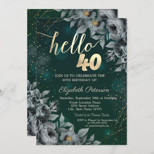 Invitation Vert Rose foncé 40e anniversaire (Devant / Derrière)