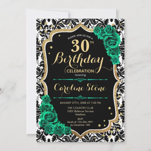 Invitation Vert Rose Gold Black Damask 30e anniversaire (Devant)