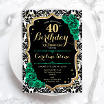 Invitation Vert Rose Gold Black Damask 40e anniversaire<br><div class="desc">Invitation à la fête du 40e anniversaire. Design vert émeraude floral élégant avec de l'or parties scintillant et des roses. Fonctionne en noir et blanc damas motif et police de script. Idéal pour une célébration anniversaire féminine élégante. Peut être customisé pour n'importe quel âge ! Invitations Zazzle imprimées ou téléchargement...</div>