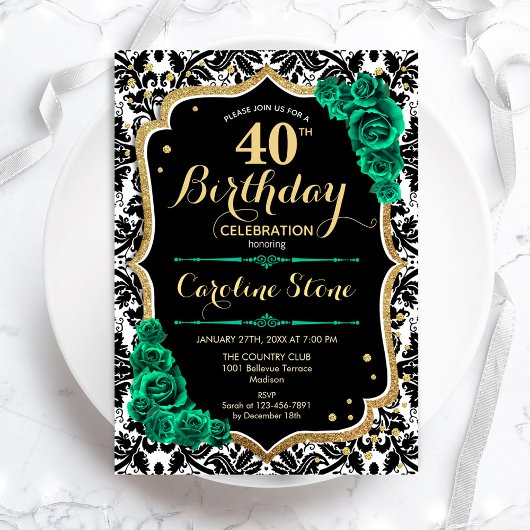 Invitation Vert Rose Gold Black Damask 40e anniversaire