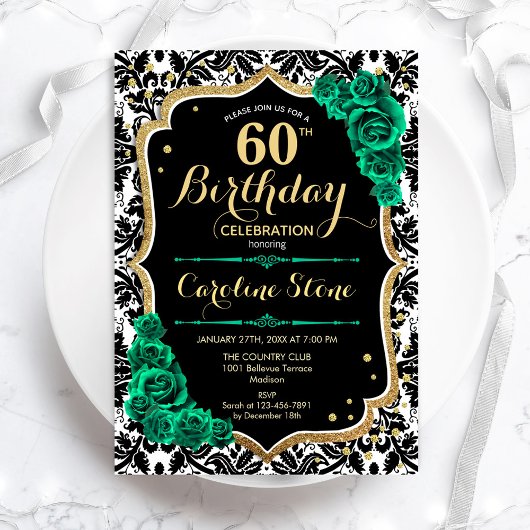 Invitation Vert Rose Gold Black Damask 60e anniversaire