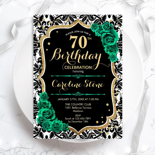 Invitation Vert Rose Gold Black Damask 70e anniversaire