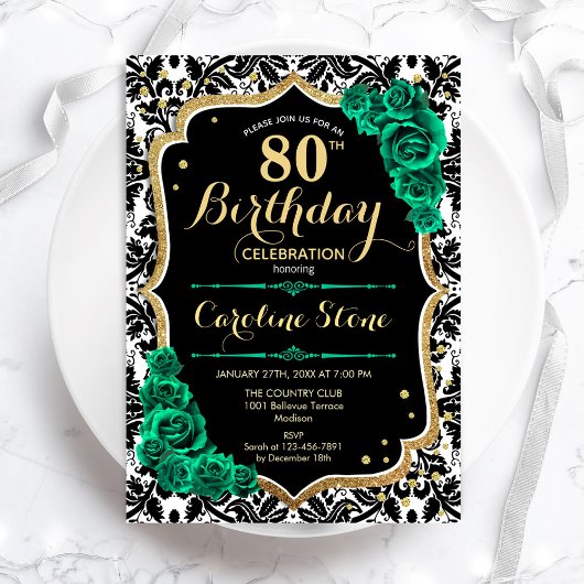 Invitation Vert Rose Gold Black Damask 80e anniversaire