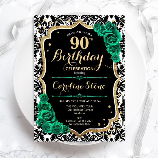 Invitation Vert Rose Gold Black Damask 90e anniversaire