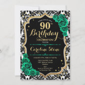 Invitation Vert Rose Gold Black Damask 90e anniversaire (Devant)