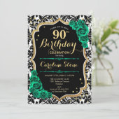 Invitation Vert Rose Gold Black Damask 90e anniversaire (Debout devant)