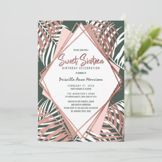 Invitation Vert Rose Gold Tropical Palm Tree Feuille Sweet 16 (Debout devant)